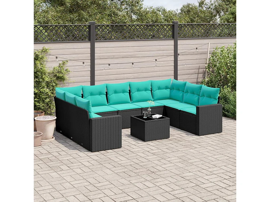 Garden Furniture - 10-tlg. Garten-Sofagarnitur mit Kissen Schwarz Poly Rattan