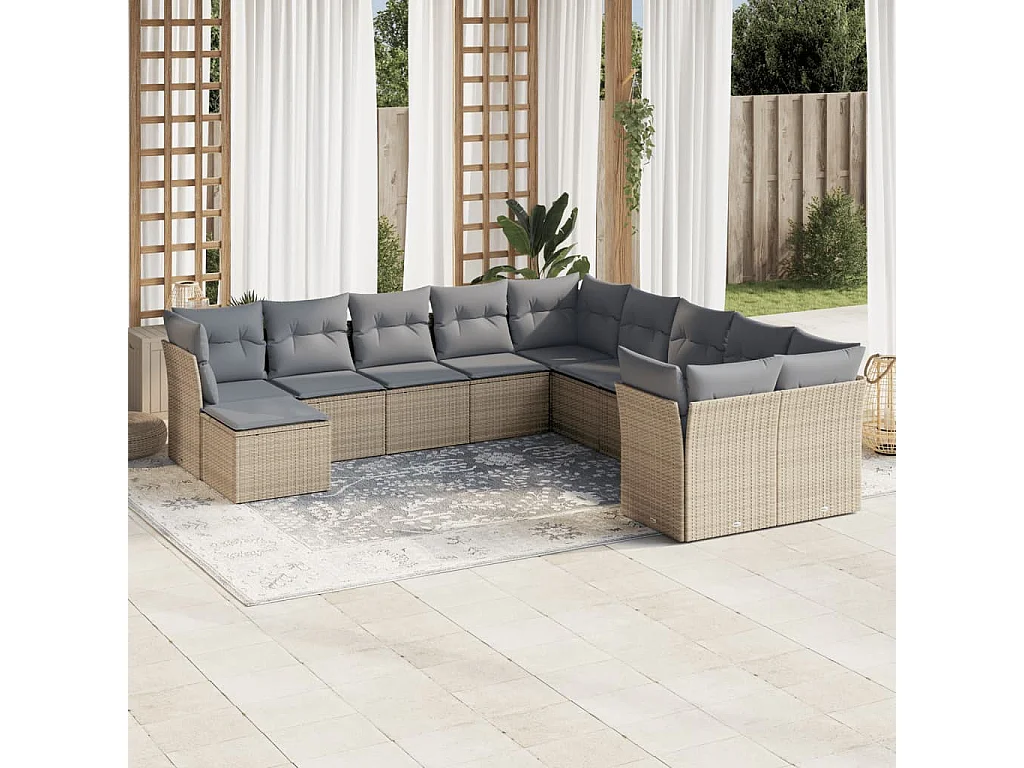 Garden Furniture - 11-tlg. Garten-Sofagarnitur mit Kissen Beige Poly Rattan