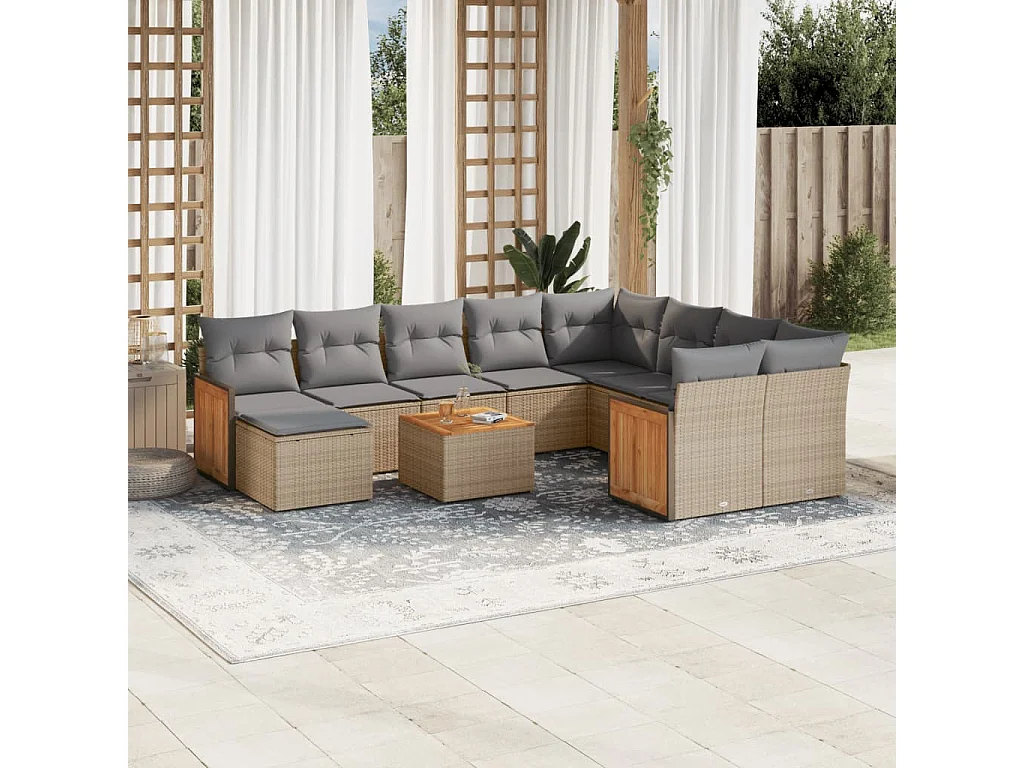 Garden Furniture - Set Divani da Giardino 11 pz con Cuscini Beige in Polyrattan