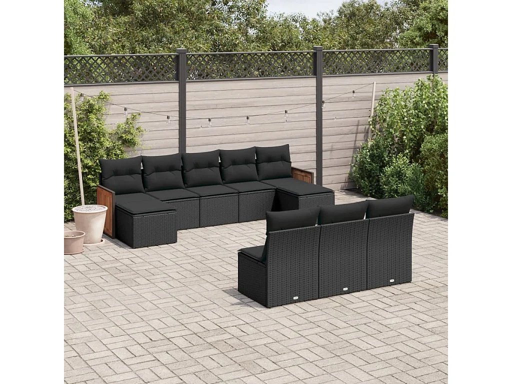 Garden Furniture - Set Divani da Giardino 10pz con Cuscini in Polyrattan Nero