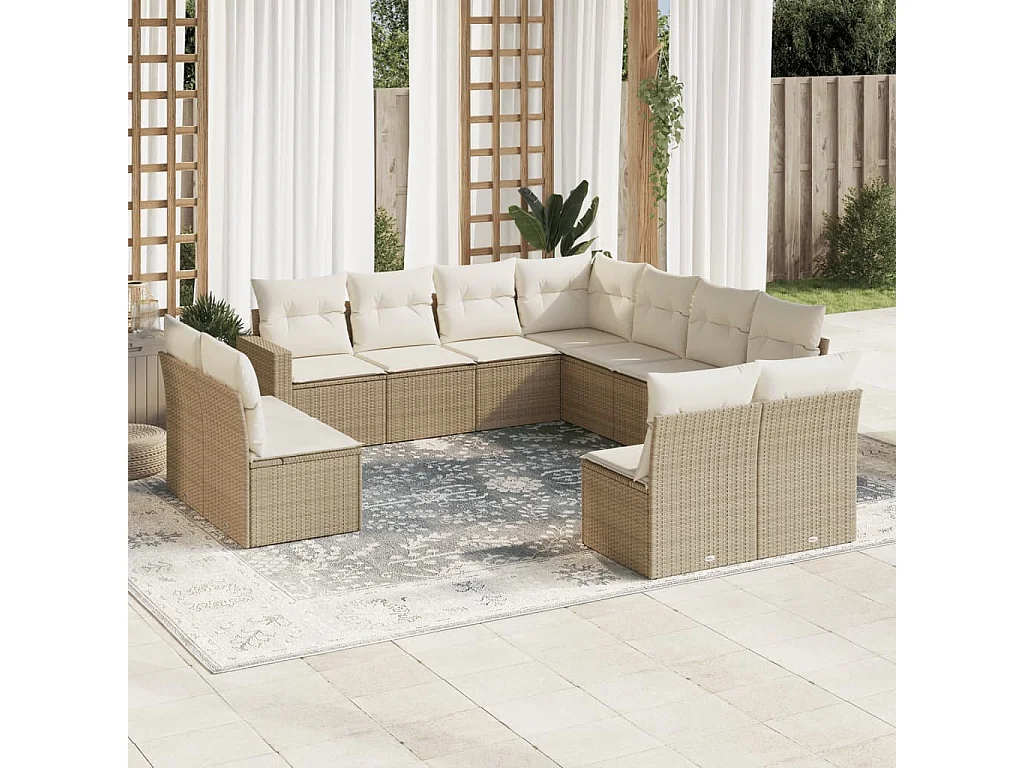 Garden Furniture - 11-tlg. Garten-Sofagarnitur mit Kissen Beige Poly Rattan