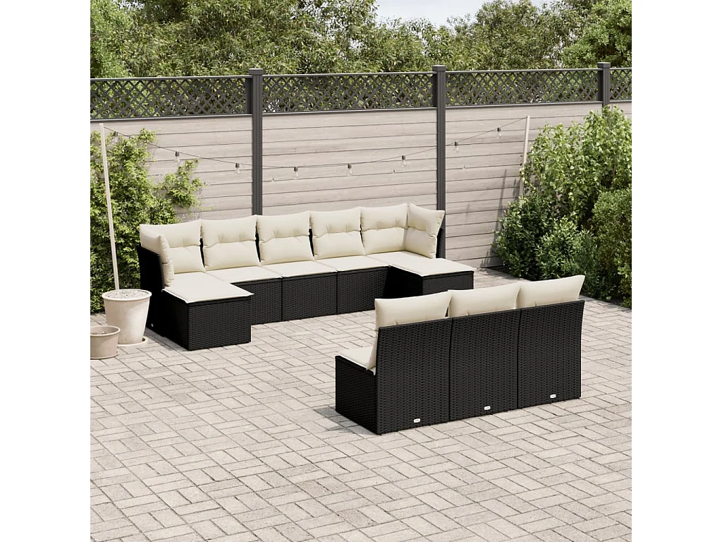 10 pcs conjunto sofás de jardim c/ almofadões vime PE preto