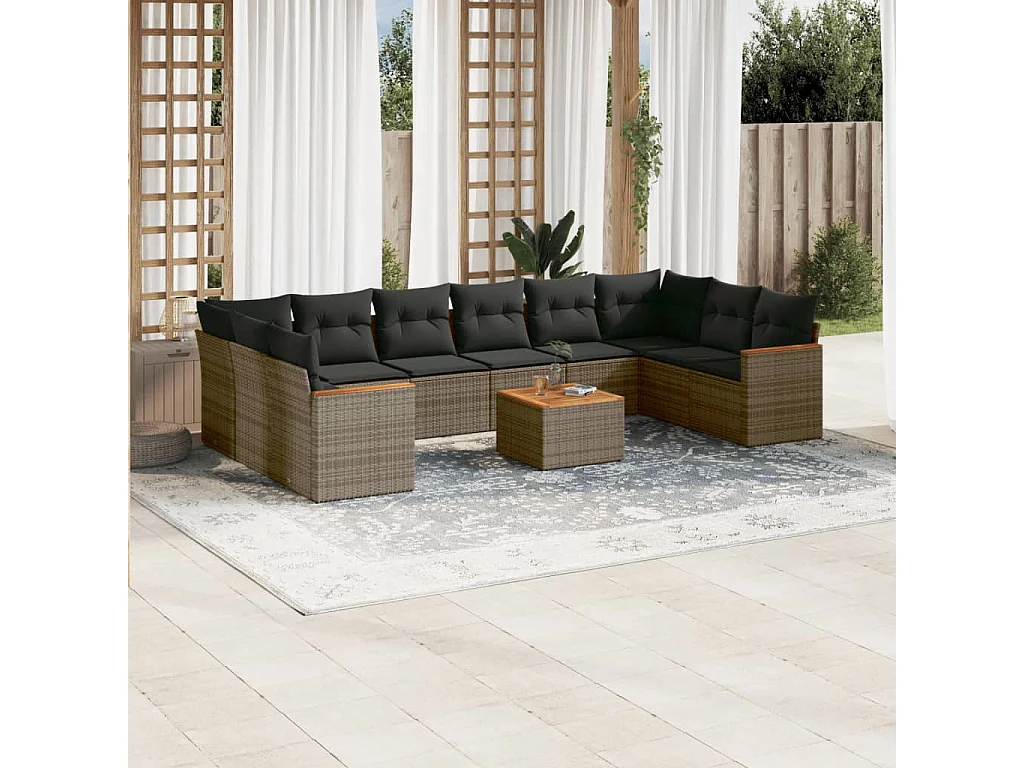 Garden Furniture - 11-tlg. Garten-Sofagarnitur mit Kissen Grau Poly Rattan
