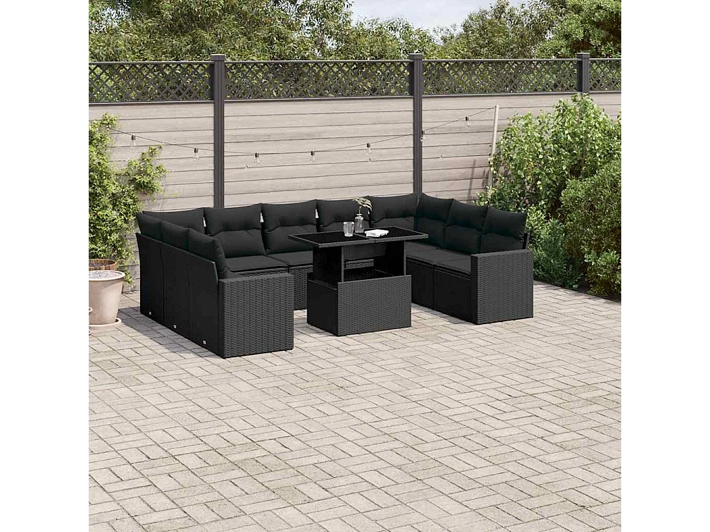 Garden Furniture - 10-tlg. Garten-Sofagarnitur mit Kissen Schwarz Poly Rattan