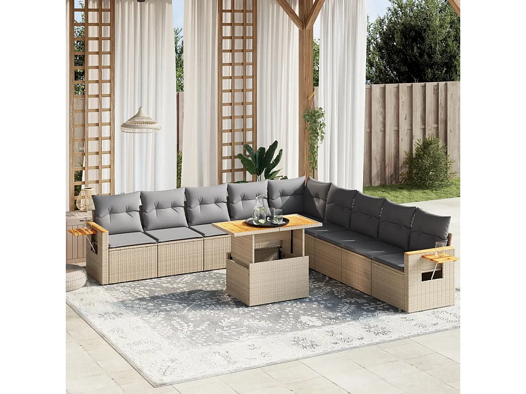 Garden Furniture - 11-tlg. Garten-Sofagarnitur mit Kissen Beige Poly Rattan