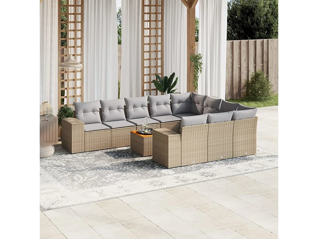 Garden Furniture - 11-tlg. Garten-Sofagarnitur mit Kissen Beige Poly Rattan