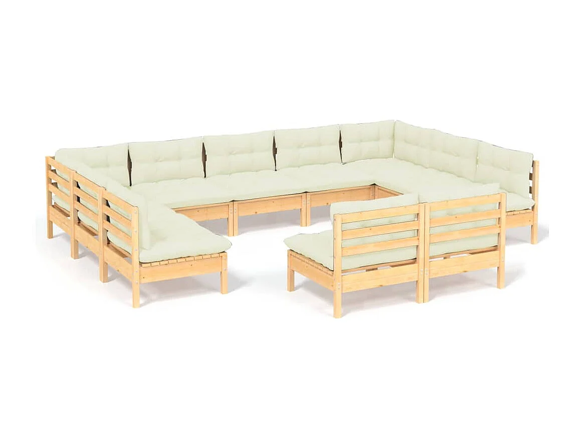 11 pcs conjunto lounge jardim c/ almofadões creme pinho maciço