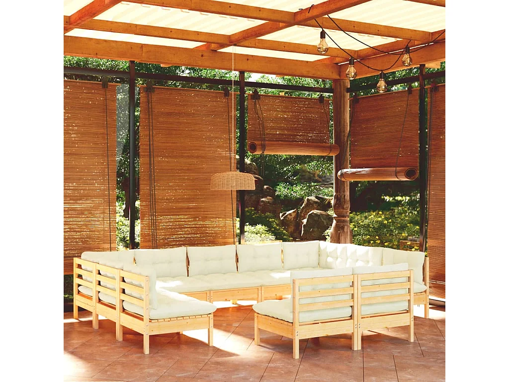 11 pcs conjunto lounge jardim c/ almofadões creme pinho maciço
