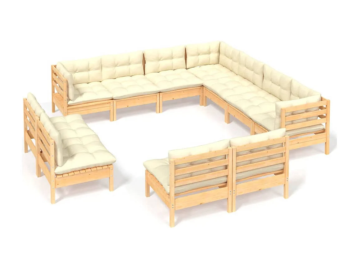 11 pcs conjunto lounge jardim c/ almofadões creme pinho maciço