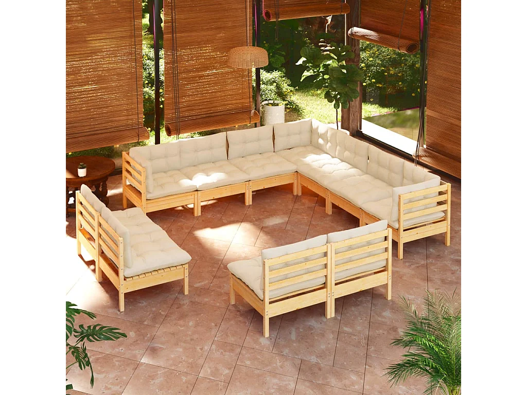 11 pcs conjunto lounge jardim c/ almofadões creme pinho maciço