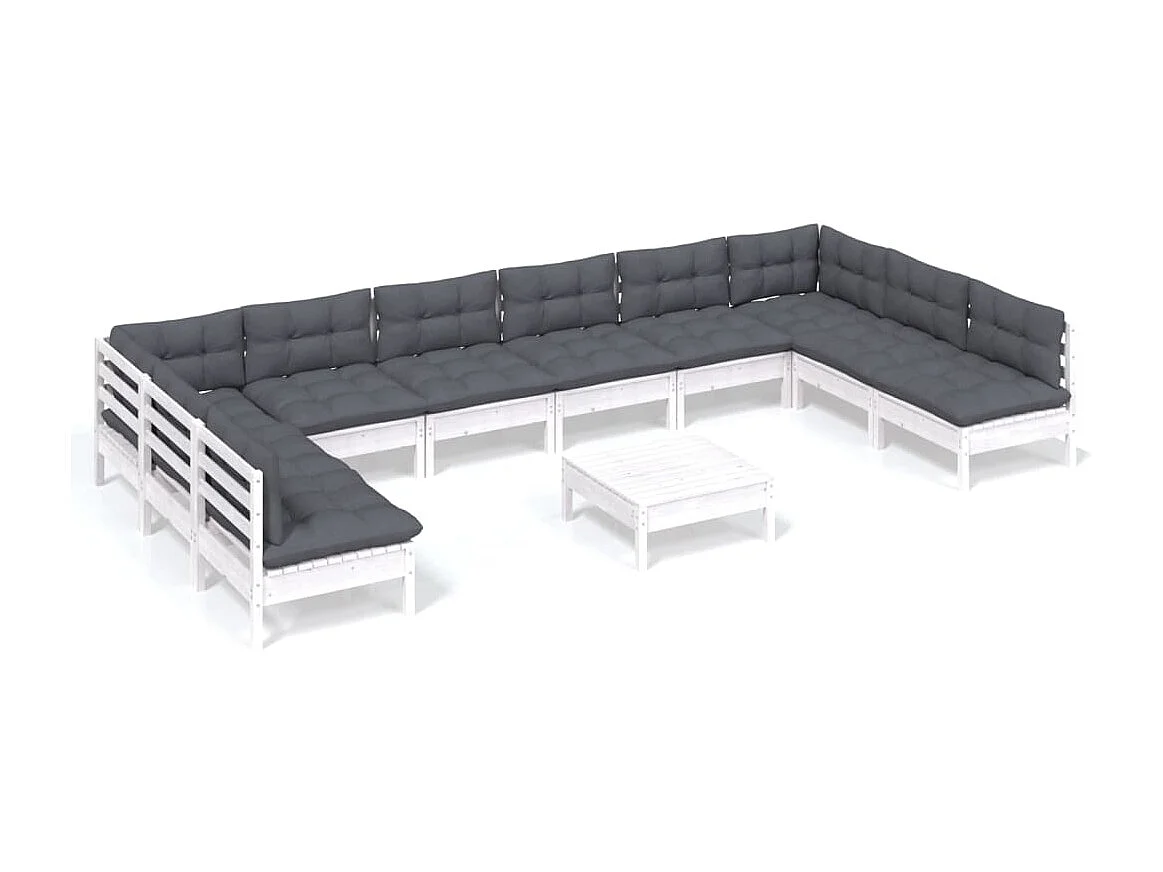 11 pcs conj. lounge de jardim c/ almofadões pinho maciço branco