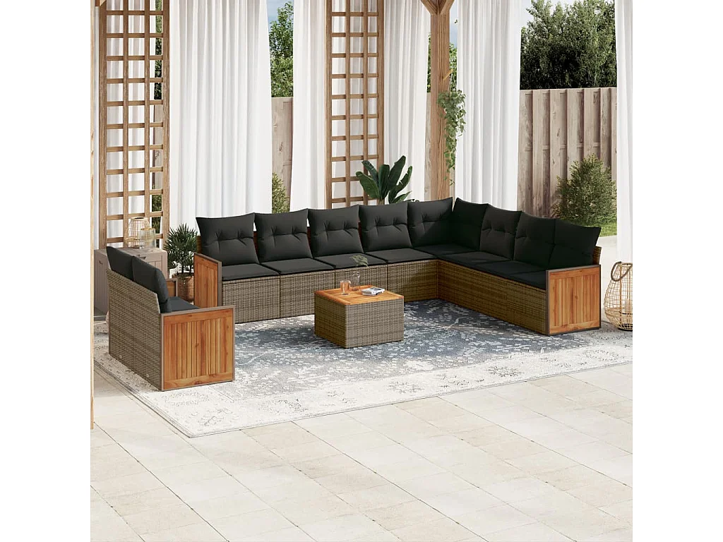 Garden Furniture - 11-tlg. Garten-Sofagarnitur mit Kissen Grau Poly Rattan