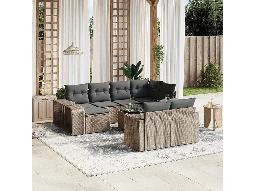 11 pcs conjunto sofás de jardim c/ almofadões vime PE cinzento