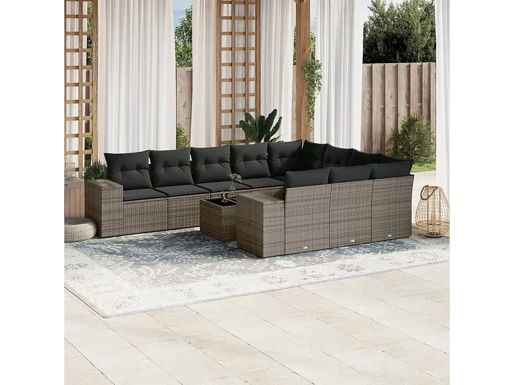 Garden Furniture - Salon de jardin 11 pcs avec coussins gris résine tressée