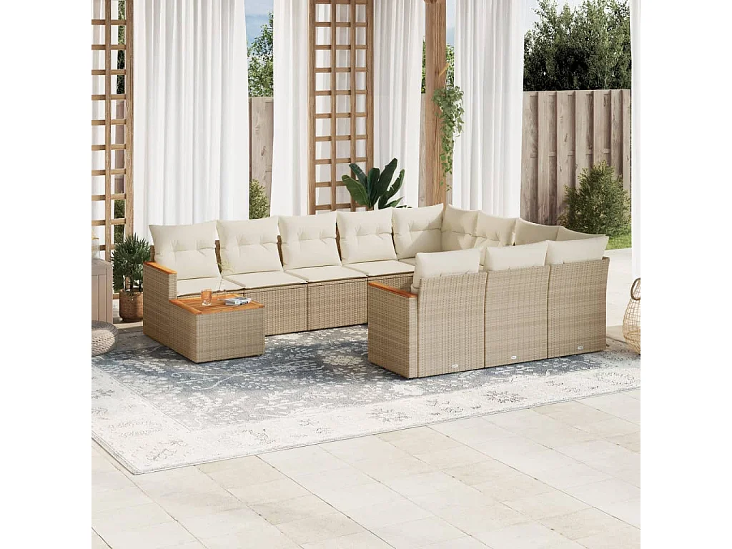 11 pcs conjunto sofás de jardim c/ almofadões vime PE bege