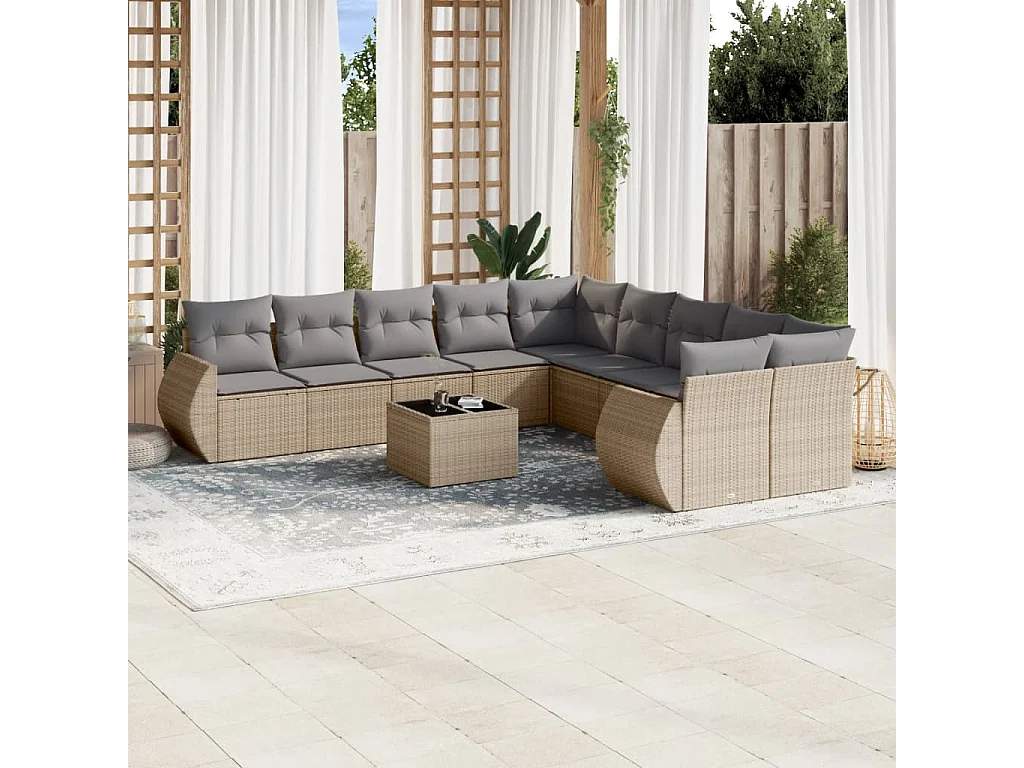 Garden Furniture - Set Divani da Giardino 11 pz con Cuscini Beige in Polyrattan