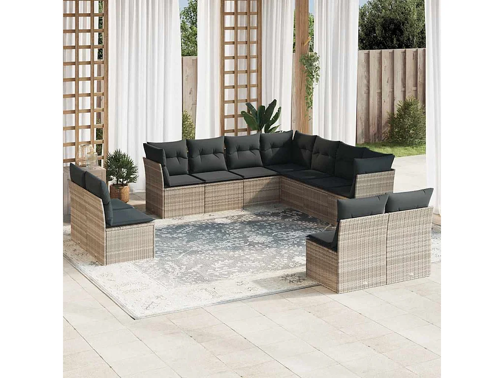 Garden Furniture - 11-tlg. Garten-Sofagarnitur mit Kissen Hellgrau Poly Rattan