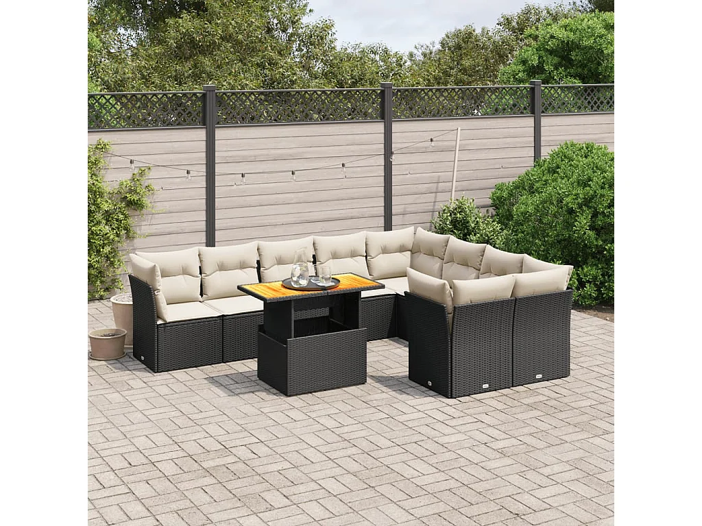 Garden Furniture - Set Divani da Giardino 10pz con Cuscini in Polyrattan Nero