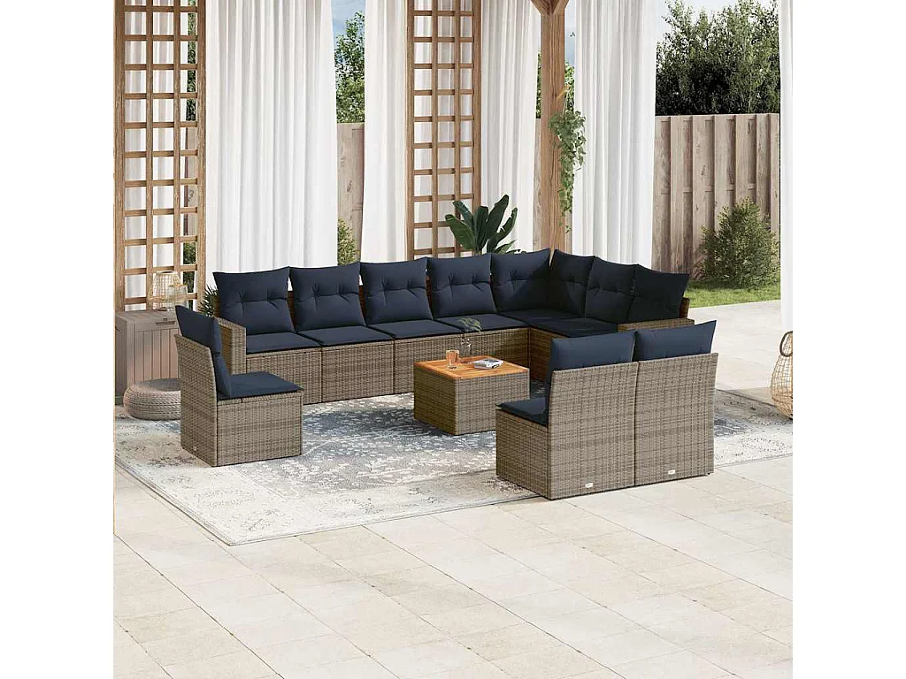 Garden Furniture - 11-tlg. Garten-Sofagarnitur mit Kissen Grau Poly Rattan