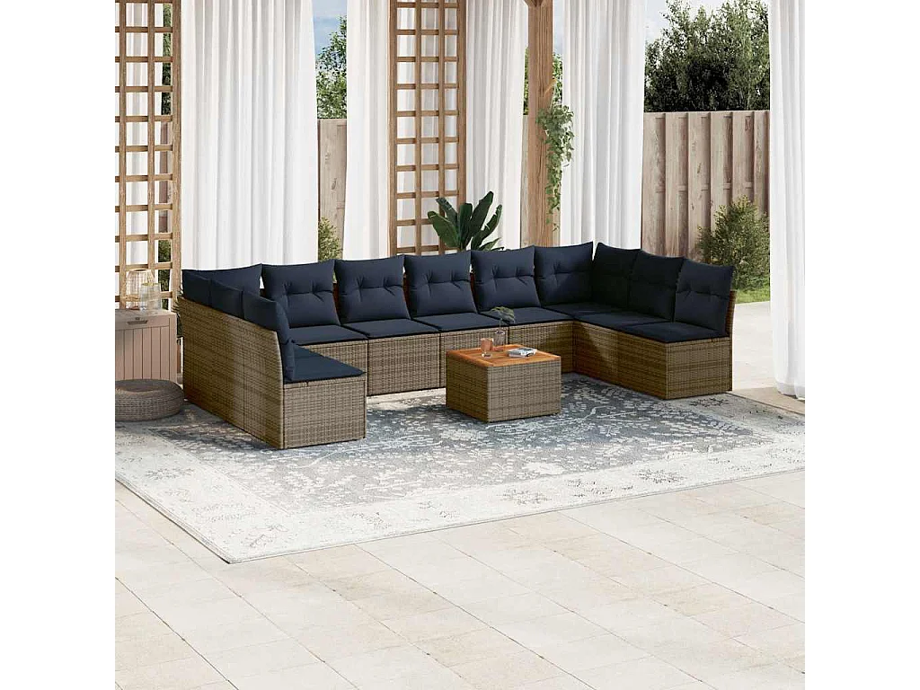 Garden Furniture - 11-tlg. Garten-Sofagarnitur mit Kissen Grau Poly Rattan