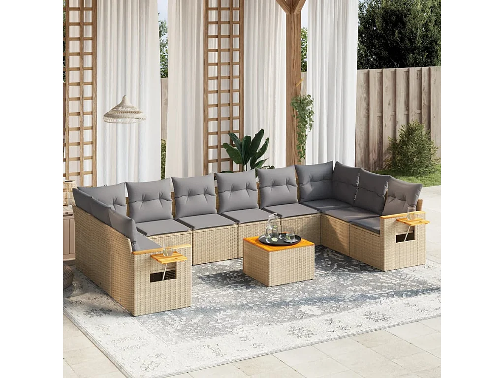 Garden Furniture - Set Divani da Giardino 11 pz con Cuscini Beige in Polyrattan