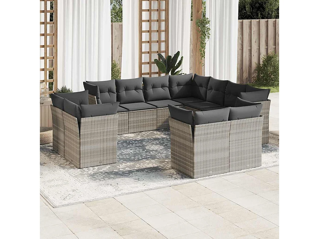 Garden Furniture - 11-tlg. Garten-Sofagarnitur mit Kissen Hellgrau Poly Rattan