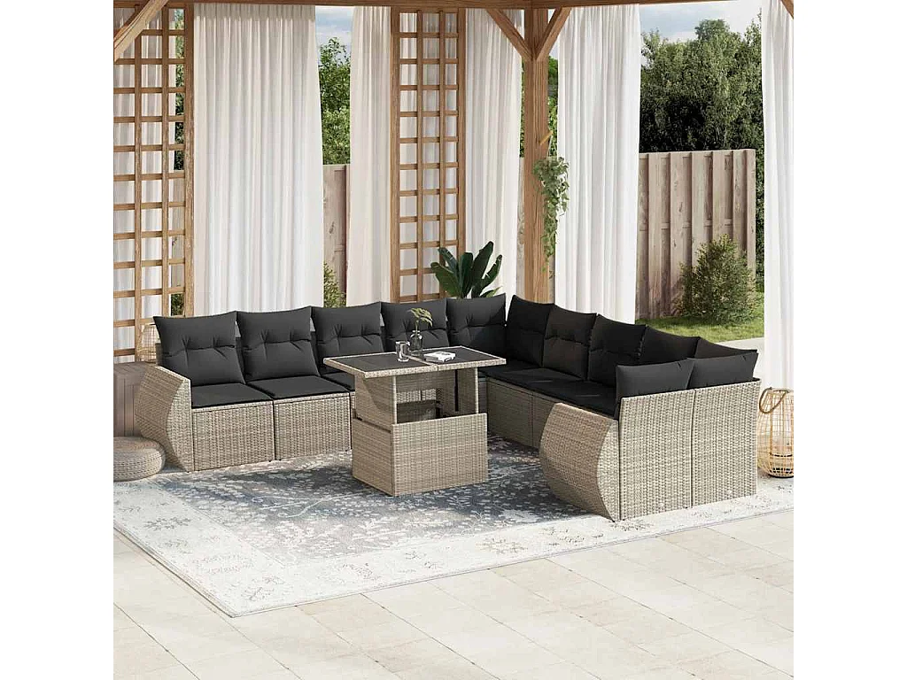 Garden Furniture - 11-tlg. Garten-Sofagarnitur mit Kissen Hellgrau Poly Rattan