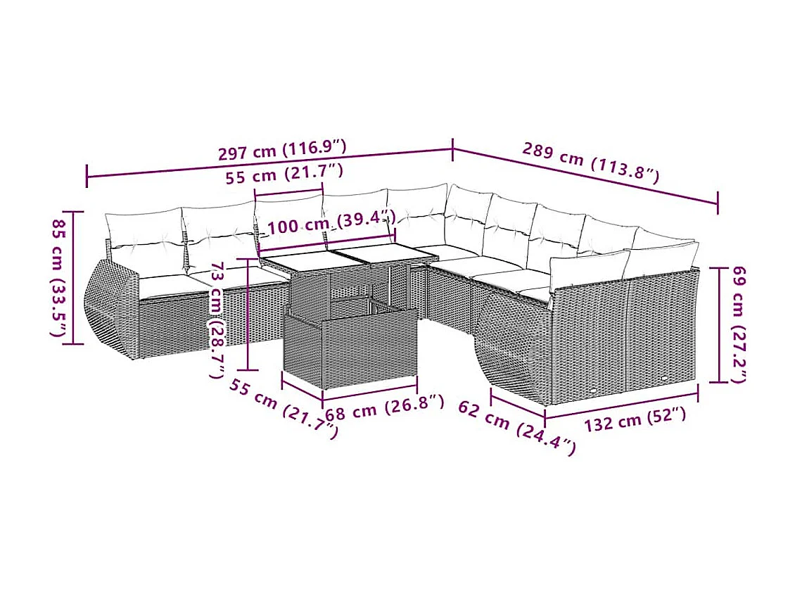 Garden Furniture - 11-tlg. Garten-Sofagarnitur mit Kissen Hellgrau Poly Rattan