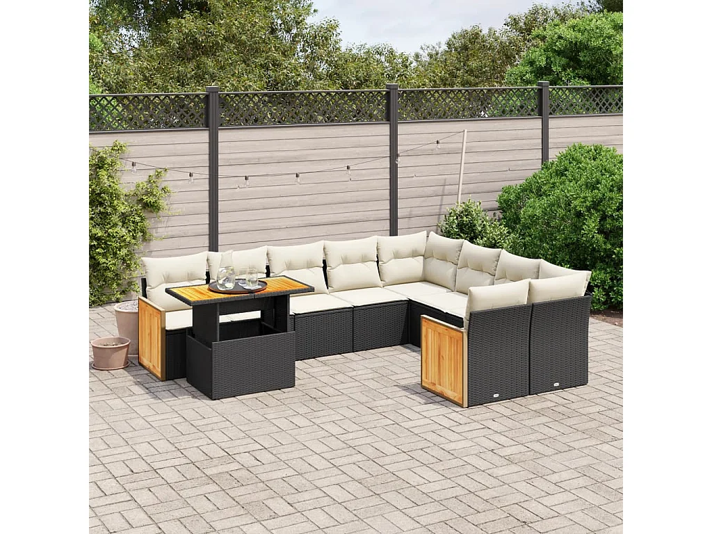 Garden Furniture - 10-tlg. Garten-Sofagarnitur mit Kissen Schwarz Poly Rattan