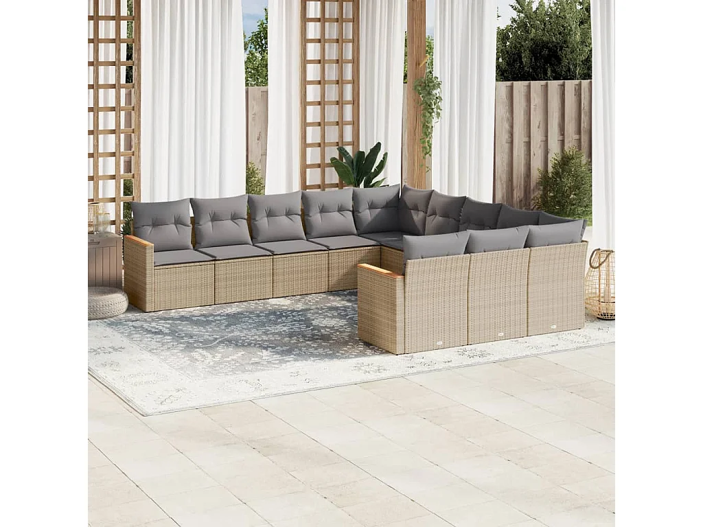 Garden Furniture - 11-tlg. Garten-Sofagarnitur mit Kissen Beige Poly Rattan