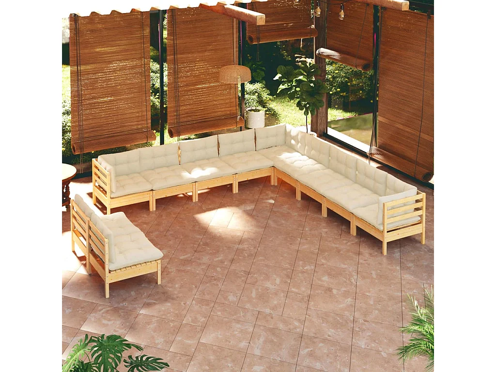 11 pcs conjunto lounge jardim c/ almofadões creme pinho maciço