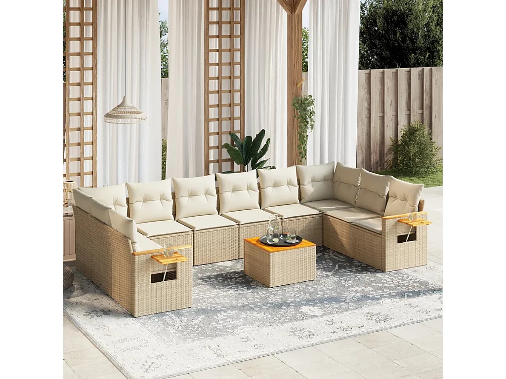 11 pcs conjunto sofás de jardim c/ almofadões vime PE bege