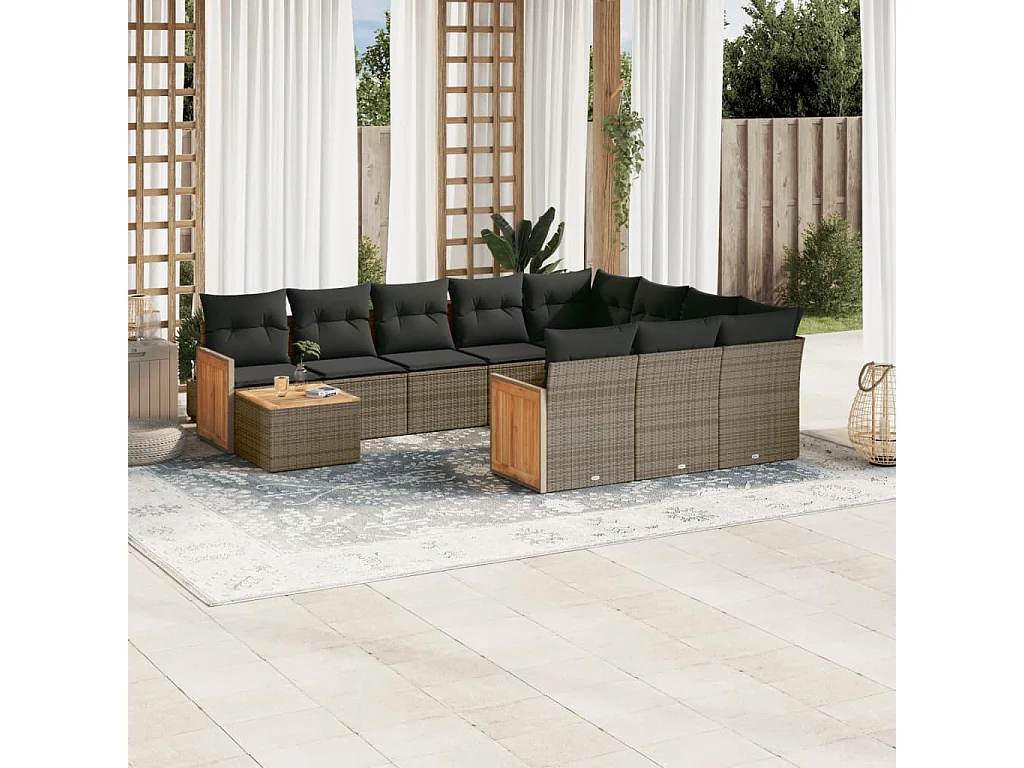 Garden Furniture - 11-tlg. Garten-Sofagarnitur mit Kissen Grau Poly Rattan