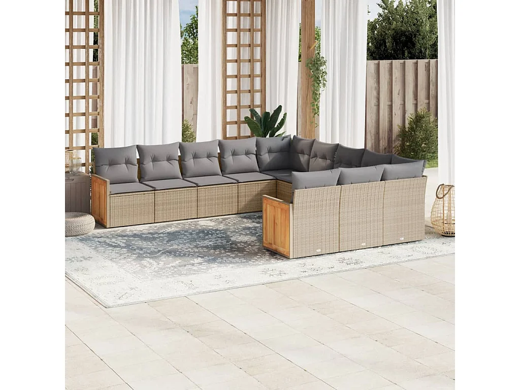 Garden Furniture - 11-tlg. Garten-Sofagarnitur mit Kissen Beige Poly Rattan