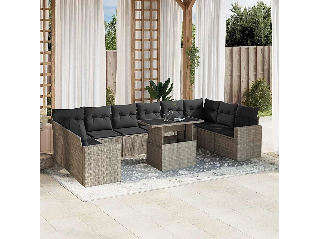 Garden Furniture - 11-tlg. Garten-Sofagarnitur mit Kissen Hellgrau Poly Rattan