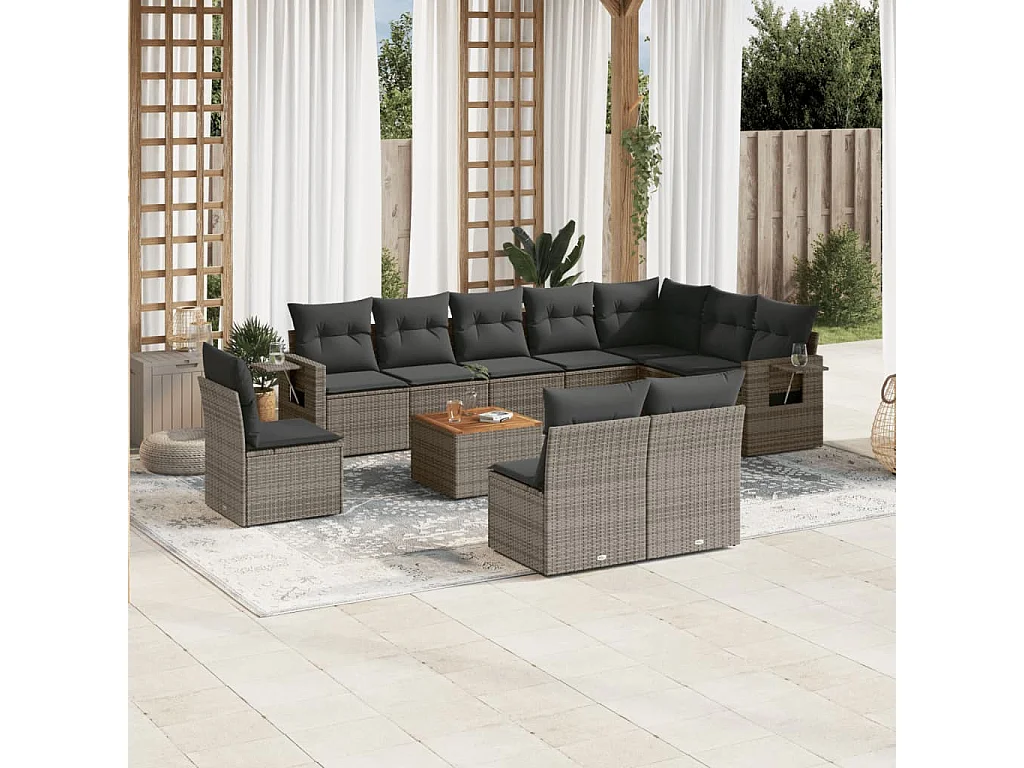 Garden Furniture - 11-tlg. Garten-Sofagarnitur mit Kissen Grau Poly Rattan