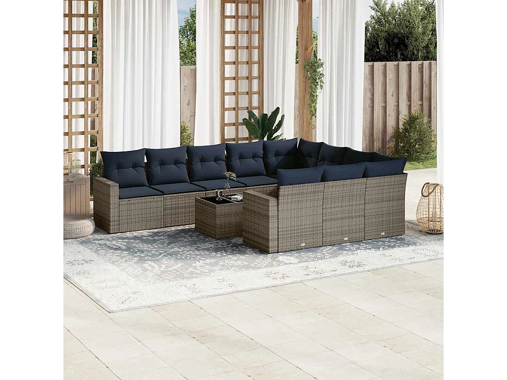 Garden Furniture - Salon de jardin 11 pcs avec coussins gris résine tressée