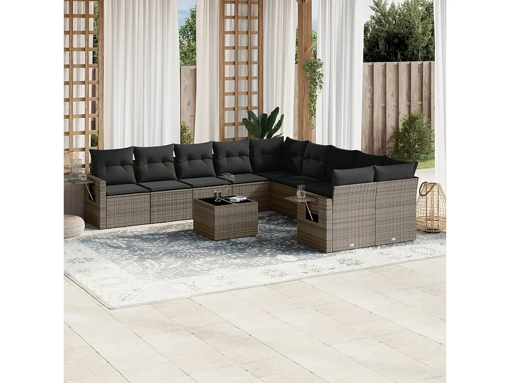 Garden Furniture - Set Divani da Giardino 11 pz con Cuscini in Polyrattan Grigio