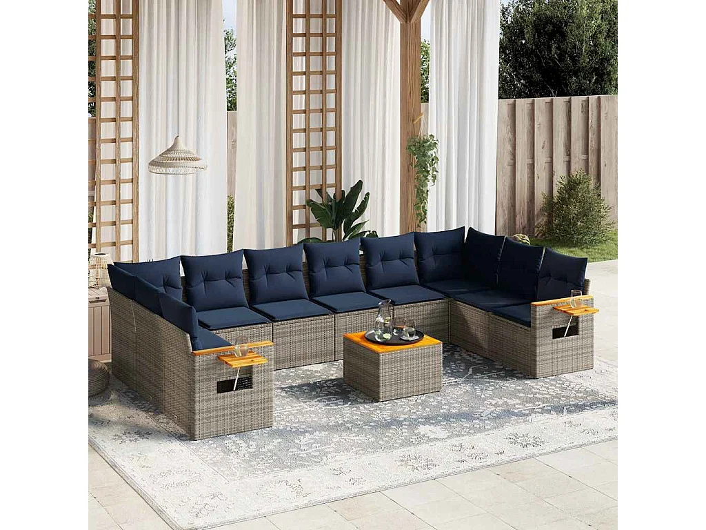 Garden Furniture - 11-tlg. Garten-Sofagarnitur mit Kissen Grau Poly Rattan