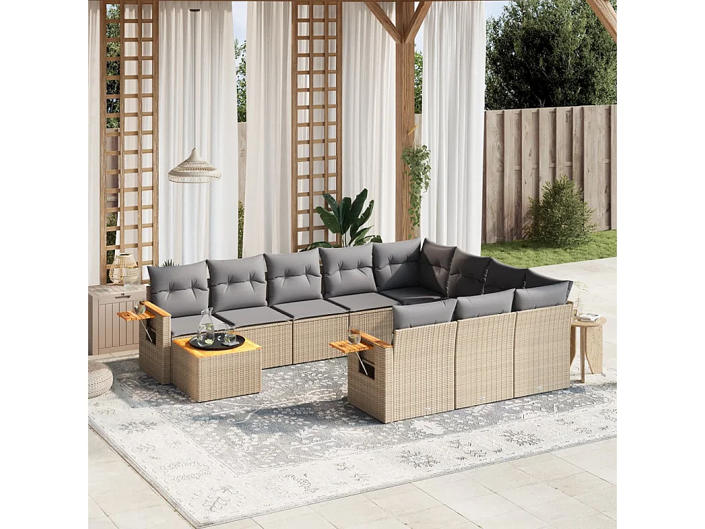 Garden Furniture - 11-tlg. Garten-Sofagarnitur mit Kissen Beige Poly Rattan