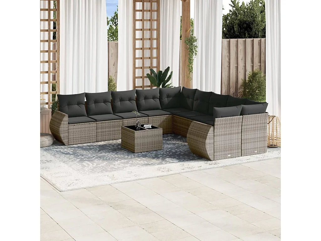 Garden Furniture - Salon de jardin 11 pcs avec coussins gris résine tressée