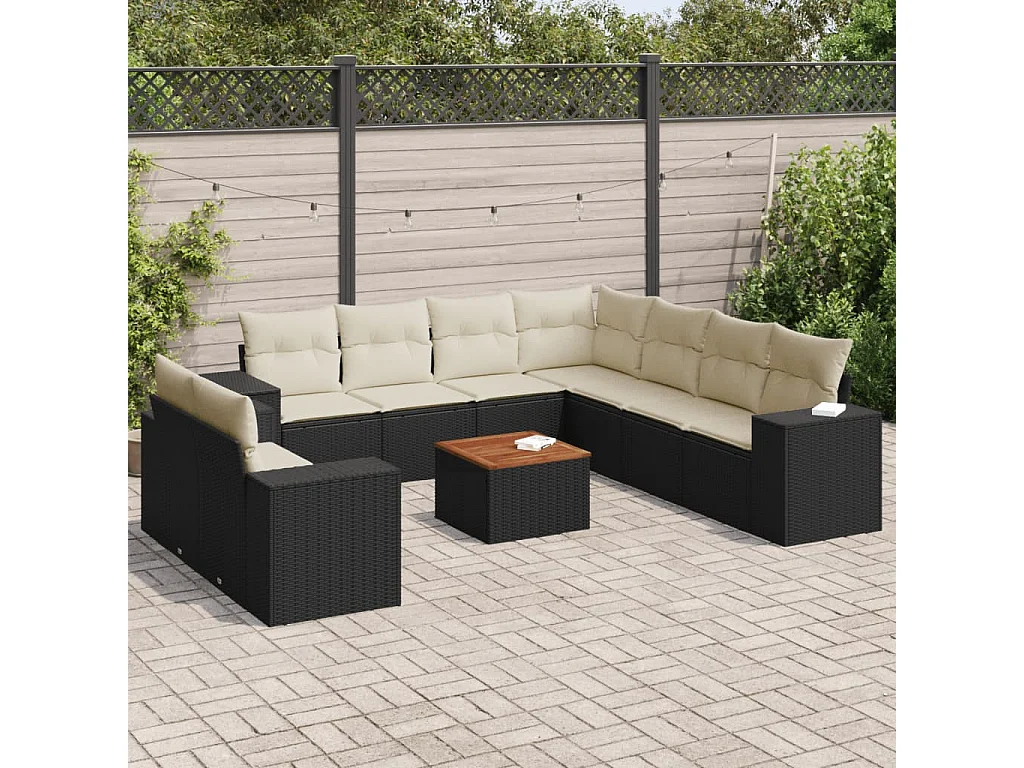 Garden Furniture - 10-tlg. Garten-Sofagarnitur mit Kissen Schwarz Poly Rattan