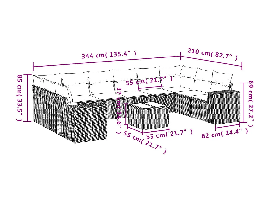 11 pcs conjunto sofás de jardim c/ almofadões vime PE bege