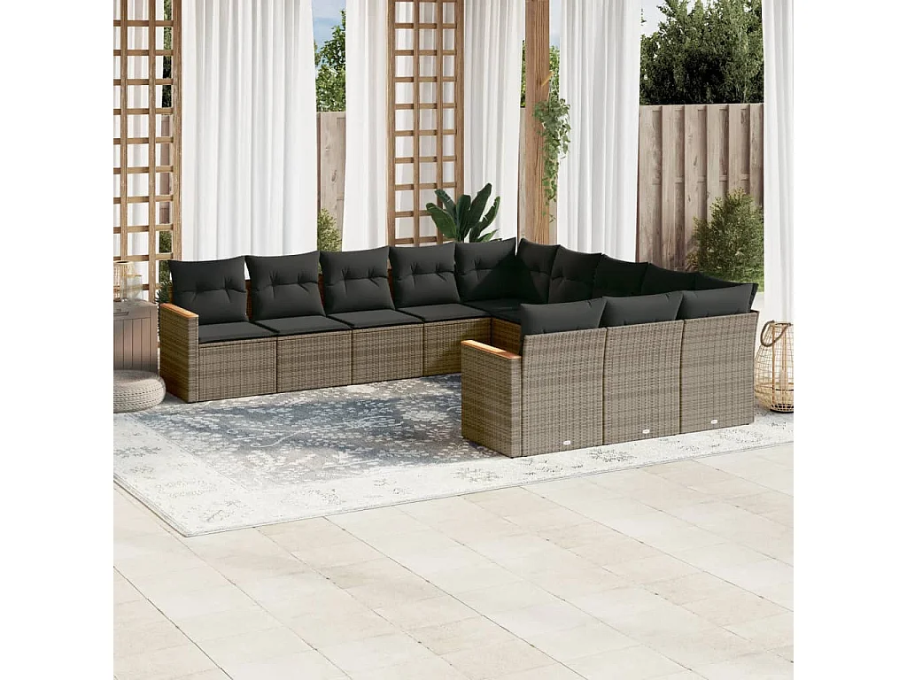 Garden Furniture - 11-tlg. Garten-Sofagarnitur mit Kissen Grau Poly Rattan