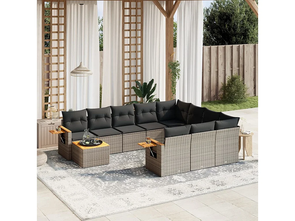 Garden Furniture - 11-tlg. Garten-Sofagarnitur mit Kissen Grau Poly Rattan