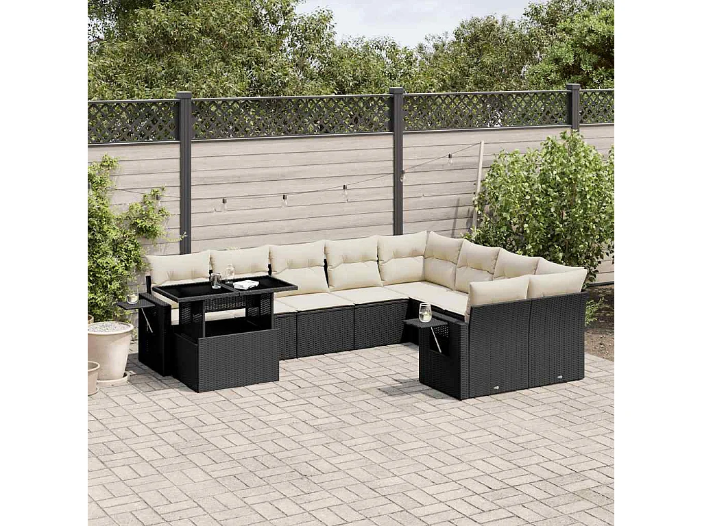 Garden Furniture - Set Divani da Giardino 10pz con Cuscini in Polyrattan Nero