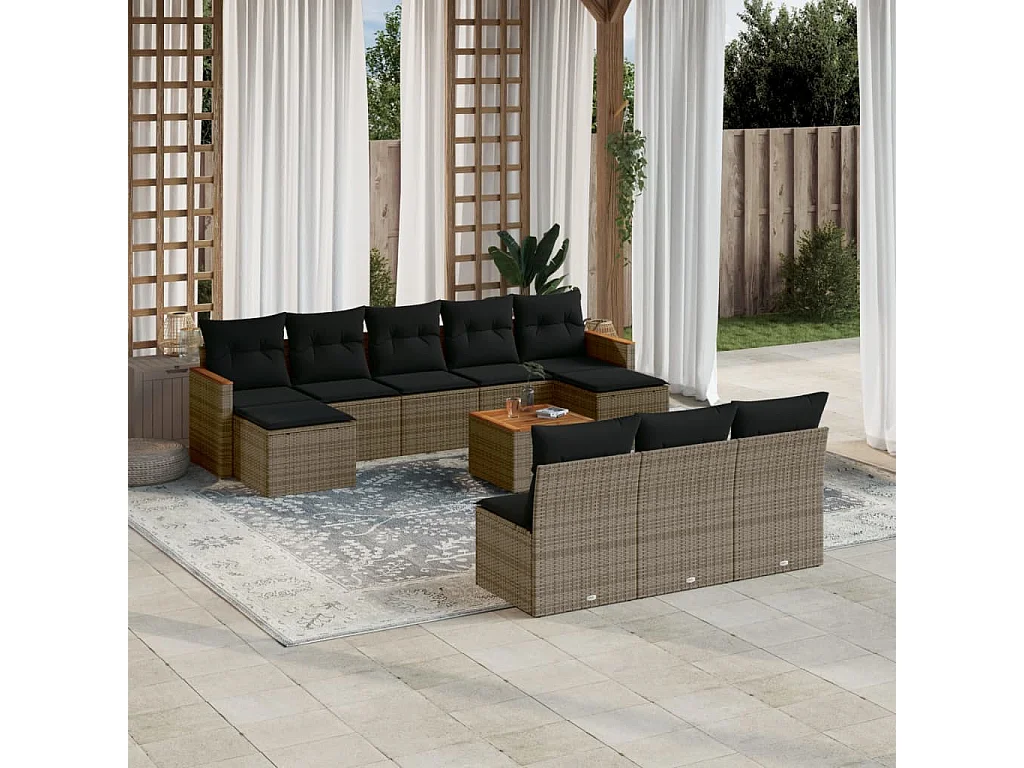 Garden Furniture - 11-tlg. Garten-Sofagarnitur mit Kissen Grau Poly Rattan