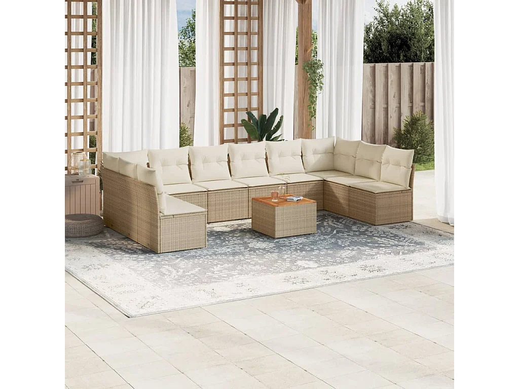 11 pcs conjunto sofás de jardim c/ almofadões vime PE bege