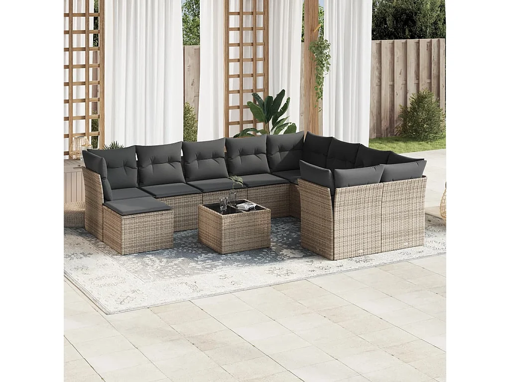 Garden Furniture - 11-delige Loungeset met kussens poly rattan grijs