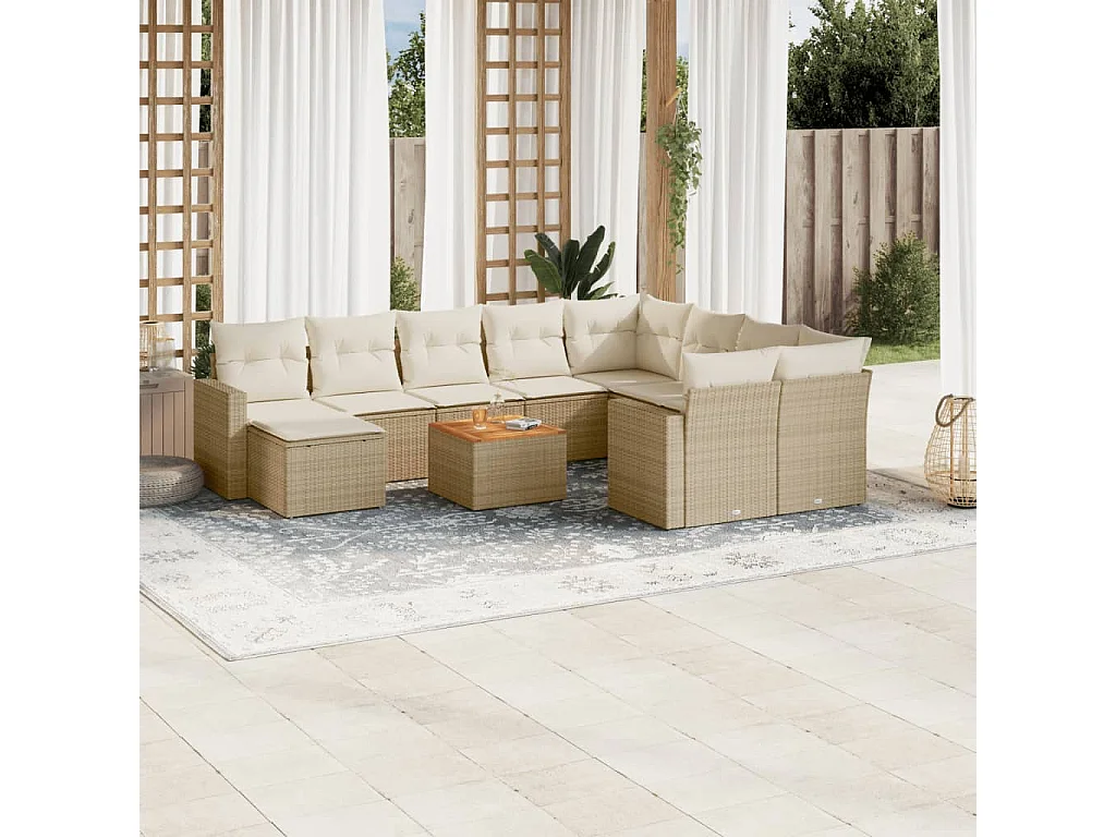 Garden Furniture - 11-tlg. Garten-Sofagarnitur mit Kissen Beige Poly Rattan
